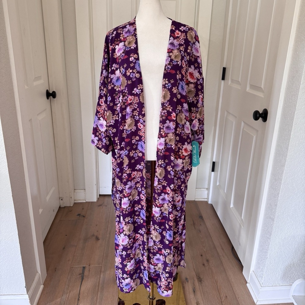 Pioneer Woman S/M Purple Floral Tropical Boho‎ Open Kimono Flowy Duster